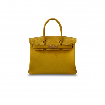 HERMÈS MASTER BIRKIN 30 MATTE CROCODILE AND TOGO LEATHER YELLOW BAG GOLD BUCKLE H076235CK37 (30*22*16cm)